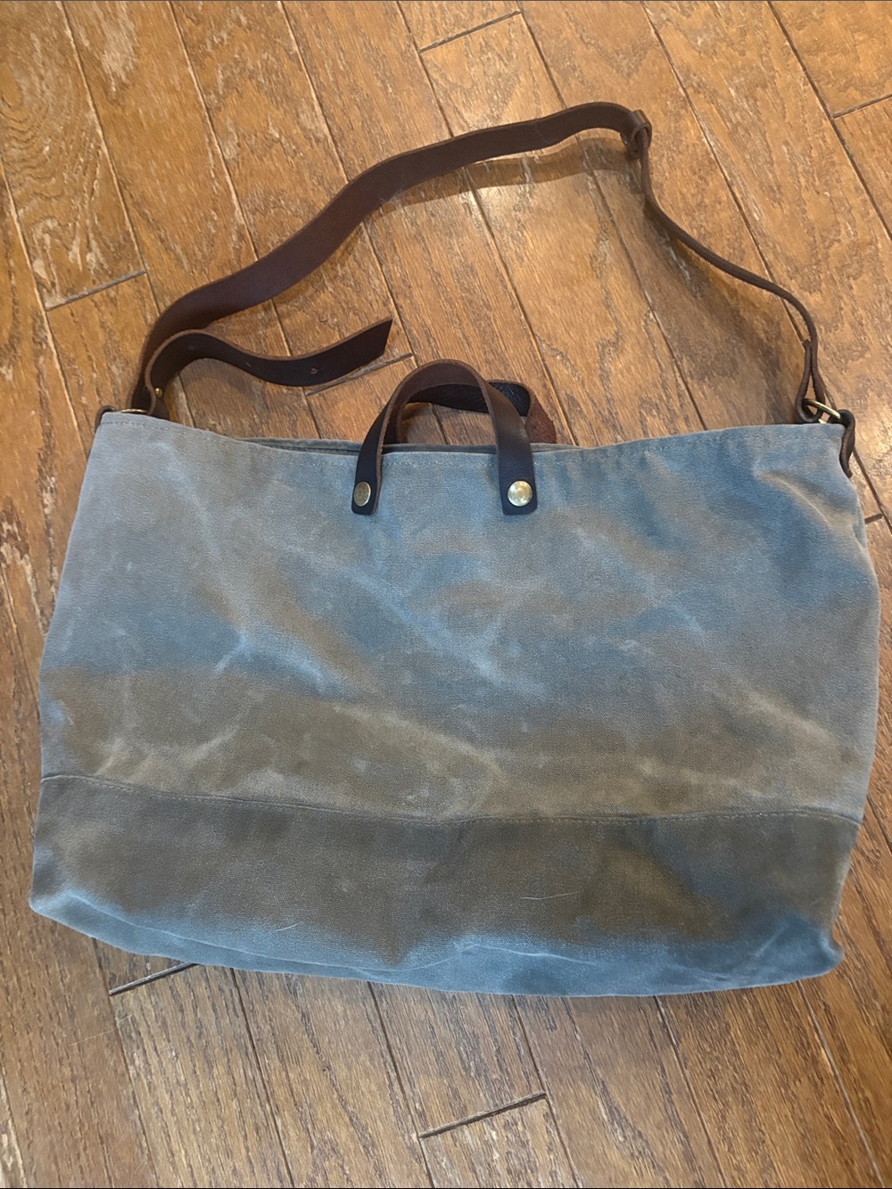 Waxed Canvas Cross-Shoulder Tote Bag in Grey with Brown Leather Straps